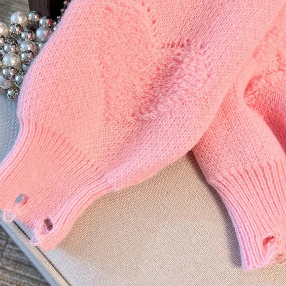 Pink Casual Women's Plus Size Solid Heart Pattern Knitted Sweater - Picture 5 of 8